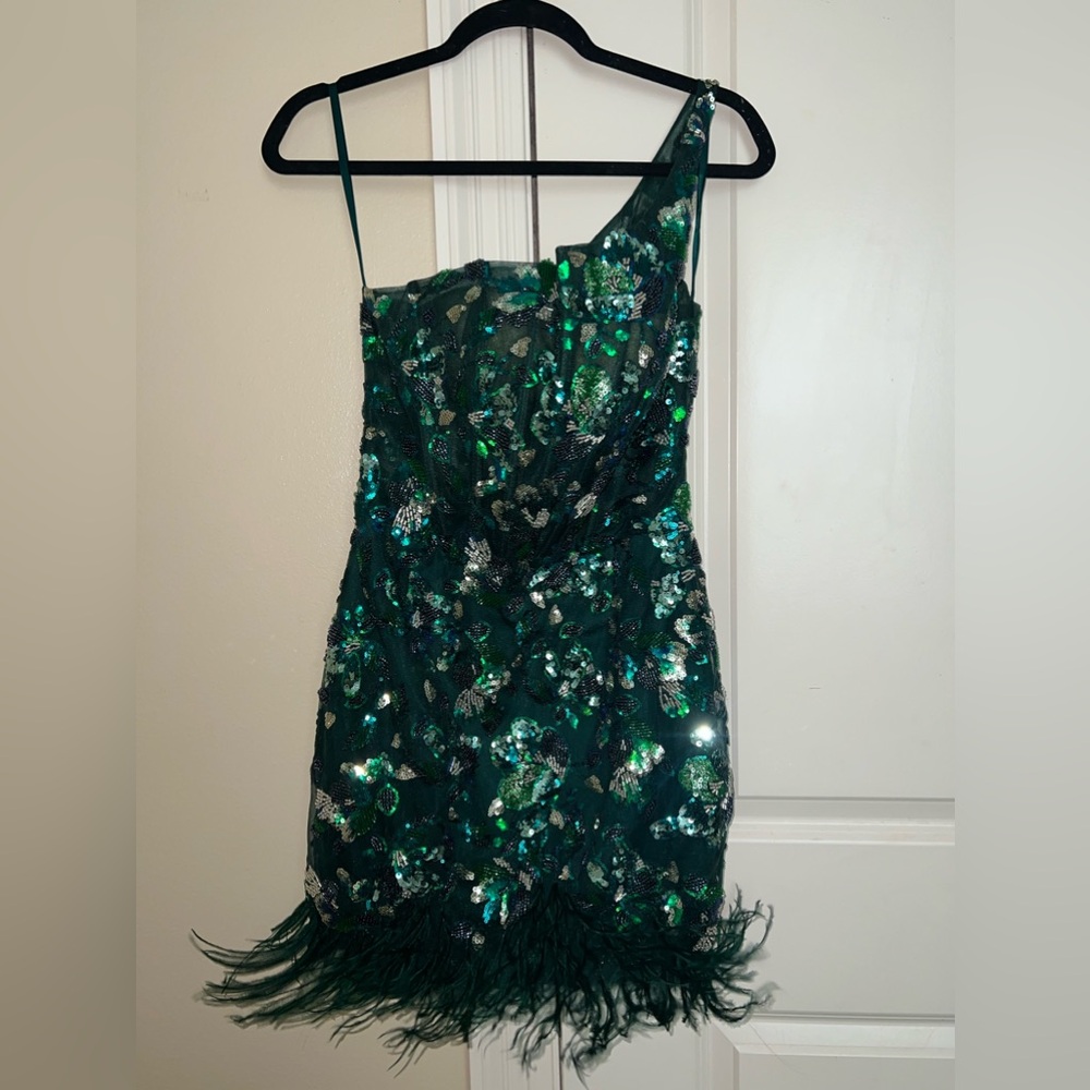 Homecoming green sparkly, feathered dress.